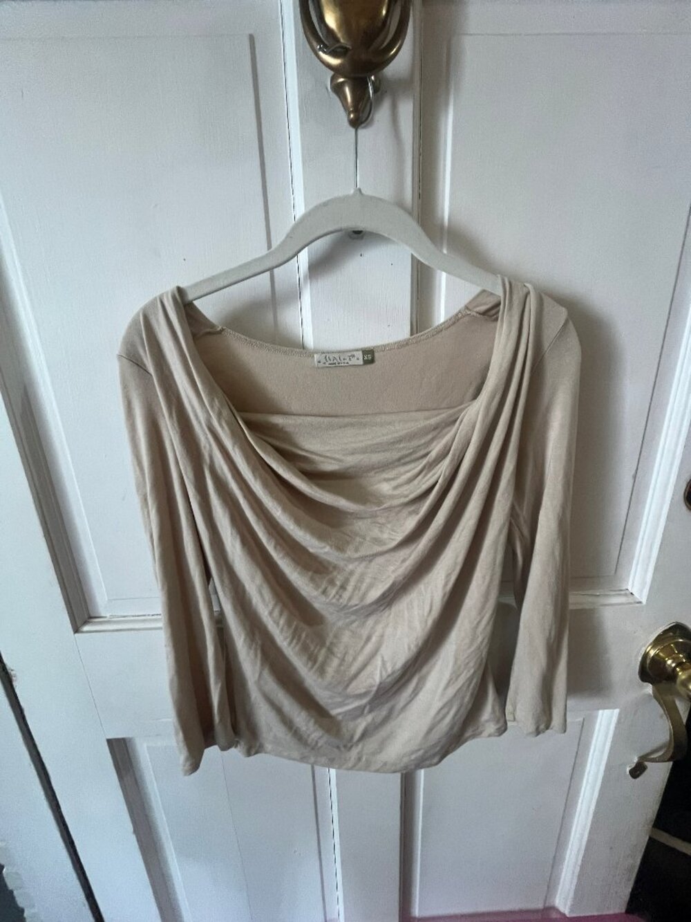 Chalet et Ceci Beige Ruched Draped Cowl Neck Long Sleeve Top Size XS USA